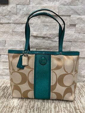 Coach Beige Signature Tote with Teal Trim-like brand new!! 11x7